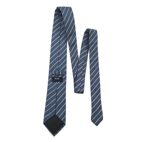 Boss Hugo Boss Tie Mens Blue Silk Narrow Stripes Luxury Designer Made in Italy - Picture 3 of 11